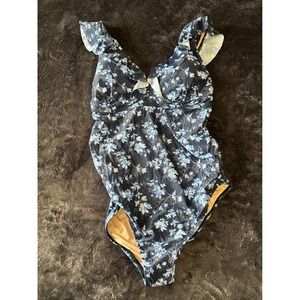 A Pea in the Pod Maternity Swimsuit Blue Floral Ruffle One Piece 70483-41 Medium